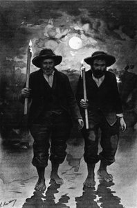 Fonte e malato: due uomini, una notte di luna piena, ciascuno con una candela e a piedi nudi (processione?)