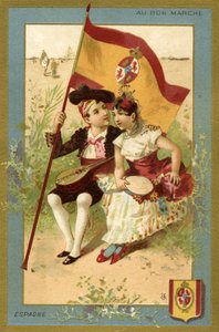 Ragazzo e ragazza spagnoli, da una serie di illustrazioni di bambini di diversi paesi, prodotte come carte promozionali per il grande magazzino Bon Marché a Parigi, c.1890 da French School
