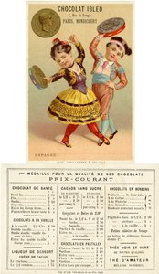 Bambini spagnoli che ballano con tamburelli fatti di pesetas, da una serie di cartoline promozionali sulle valute in diversi paesi, pubblicate a Parigi da Vieillemard per l