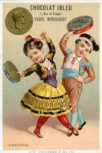 Bambini spagnoli che ballano con tamburelli fatti di pesetas, da una serie di cartoline promozionali sulle valute in diversi paesi, pubblicate a Parigi da Vieillemard per l