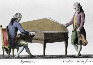 Suonatore di spinette e violino. Incisione della fine del XVIII secolo. da French School