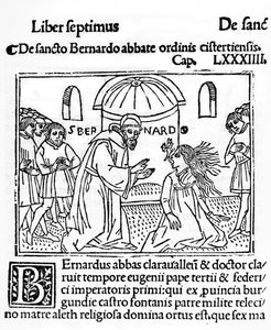 San Bernardo di Chiaravalle esorcizza una donna posseduta, illustrazione da La Vie des Saints pubblicato nel 1506 da French School