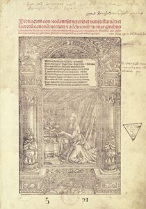 San Girolamo nel suo studiolo, frontespizio di una Bibbia, stampato da J. Marion, Lione, 1521