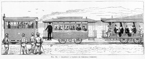 Tram a vapore di Vercelli (Piemonte) - in "Le nuove conquiste della scienza" di Louis Figuier da French School