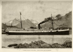 Vapore La Regina, nel porto di Sitka (Alaska, USA). Incisione di Bocher, nel 1890, in Le tour du monde, nouveau journal des voyages, a cura di Edouard Charton (1807-1890), 2° semestre 1891, edizione Hachette, Parigi da French School
