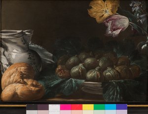 Natura morta con piatto di fichi, brocca, fiori e pane, 1740-50