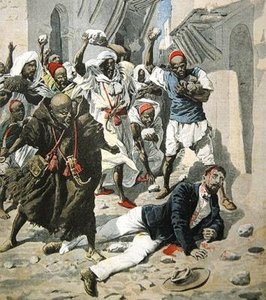 Lapidazione a morte del Dottor Emile Mauchamp a Marrakech, illustrazione di copertina di Le Petit Journal, 7 aprile, 1907 da French School