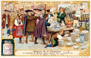 Storia della porcellana n. 4: La porcellana di Meissen (Sassonia) apparve per la prima volta alla Fiera di Pasqua di Lipsia nel 1710. Cromolitografia Liebig da French School