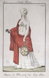 Cappello di paglia con un nastro, tavola di moda da Costumes Parisiens, 1799 da French School