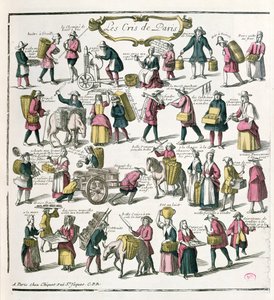 Venditori ambulanti a Parigi, fine XVII secolo (incisione a colori) da French School