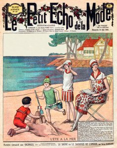 Estate al mare, donna con i suoi tre figli sulla spiaggia