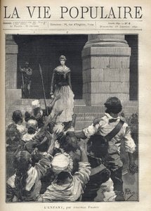 Terrore durante la Rivoluzione Francese: una giovane donna scende i gradini di un tribunale rivoluzionario davanti a una folla arrabbiata che la minaccia. Illustrazione per 