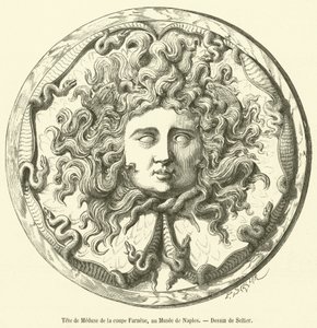 Testa di Medusa della coppa Farnese, al Museo di Napoli (incisione) da French School