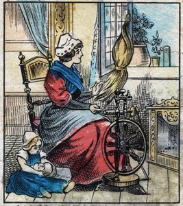 Tessile, lino. Una donna usa una ruota meccanica per filare il lino. Incisione. Immagine di Epinal fine XIX secolo. da French School
