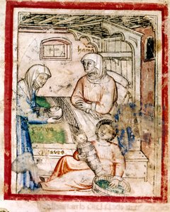 Thamar (Tamar) dà alla luce due gemelli, Perets e Zerah, figli di Giuda, Miniatura dal codice 212 (o codice padovano o Bibbia di Padova), 1390-1400 da French School
