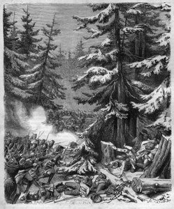 La Battaglia di Hohenlinden (vicino a Monaco, Germania) il 12 Frimaio, IX (3 dicembre 1800) tra le truppe francesi del generale Jean Victor Moreau e le forze austriache e bavaresi comandate dall