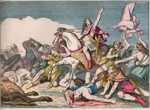 La battaglia di Tolbiac, vittoria di Clodoveo (466-511) sugli Alemanni (496) - Clodoveo I (466-511) alla battaglia di Tolbiac, 496 d.C. - Incisione della fine del XIX secolo in "Nos Gires Nationales - Images et recits" da French School