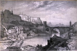 Il ponte di Alcantara, Toledo (matita su carta) da French School