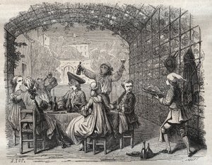 Il brigante Louis Dominique Garthausen detto Cartouche (1693-1721) durante un pasto con i suoi compagni - Incisione in 