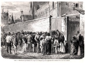 I Cappuccini di rue de la Sante distribuiscono la zuppa quotidiana ai poveri, da Le Monde Illustré, 1860 da French School