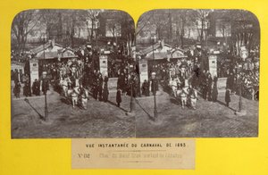 Il Carnevale del 1863 a Parigi, il carro del bue grasso che lascia il mattatoio, vista stereoscopica, 1863 da French School