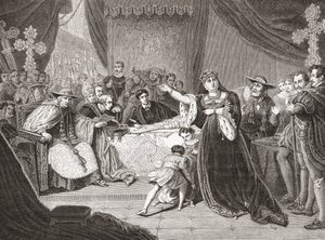 Il tribunale per il processo della regina Caterina di George Henry Harlow, con Mrs. Siddons come regina Caterina in Enrico VIII di Shakespeare da French School