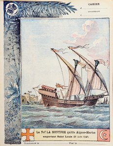 La Partenza di San Luigi sulla sua nave Montjoie da Aigues-Mortes il 25 agosto 1248, illustrazione di copertina di un quaderno scolastico, c.1900 da French School