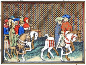 I duchi di Exeter e Surrey inviati da Riccardo II dal castello di Conway a Chester per trattare con il duca di Lancaster, copia facsimile da Le Prinse et Mort du Roy Richart di Jean Creton, ristampa XIX secolo da French School