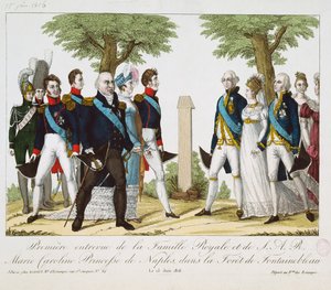 Il primo incontro tra Luigi XVIII (1755-1824) e Maria Carolina Ferdinanda (1798-1870) di Borbone, alla Croix de St. Herem nella foresta di Fontainebleau, 15 giugno 1816, 1816-30 (incisione colorata) da French School