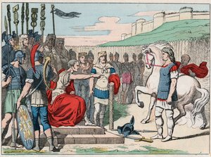 Il capo gallico Vercingetorige (80-46 a.C.) si arrende a Giulio Cesare (100-44 a.C.) ad Alesia nel 52 a.C. - incisione della fine del XIX secolo in 