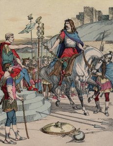 Il capo gallico Vercingetorige (72-46 a.C.) si arrende al capo romano Giulio Cesare (100-44 a.C.) dopo la battaglia di Alesia nel 52 a.C. da French School