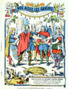 I capi galli in lega contro Giulio Cesare (100-44 a.C.) guidati da Vercingetorige (m.46 a.C.) da una copertina protettiva per libri scolastici, fine XIX secolo