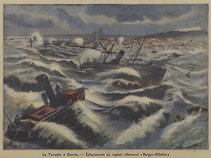 Il piroscafo tedesco Berger-Wilhelm si incaglia in una tempesta al largo di Biserta, Tunisia (litografia a colori) da French School