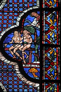 La finestra del Buon Samaritano: Dio chiama Adamo ed Eva (con foglie di fico) da French School