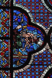 La finestra del Buon Samaritano: un Samaritano fascia le sue ferite da French School