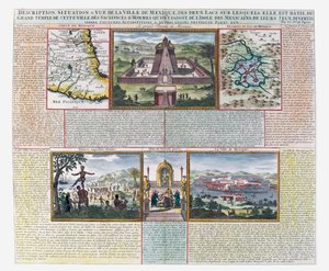 Il Grande Tempio, mappe del Messico e dei suoi dintorni (incisione colorata) da French School