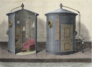 La camera iperbarica di Paul Bert (1833-1887) fisiologo e politico francese. Incisione del 1855