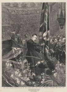 La dimostrazione dei lealisti irlandesi alla Albert Hall, Londra, 1893: il Duca di Abercorn (James Hamilton) (1811-1885) pianta la Union Jack da French School