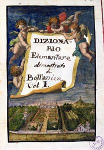Il Jardin des Plantes a Parigi, frontespizio dal Dizionario Elementare dimostrato di Botanica, volume I Istitutiones Rei Herbariae, di Joseph Pitton de Tournefort (1656-1708), pubblicato a Parigi da French School