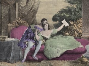 Il re di Francia Francesco I (1494-1547) con Diana di Poitiers (1499-1566) Signora di Brézé, Duchessa di Valentinois. Litografia di Daveria del 1832 in "Ridere Et Galanterie". Collezione settimanale di immagini galanti sotto la direzione di John Grand-Cart da French School