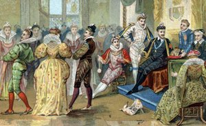 Il Re di Francia Enrico III (1551-1589) circondato dai suoi favoriti. Cromolitografia della fine del XIX secolo
