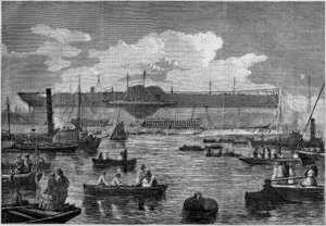 Il "Leviathan" (Great Eastern), il primo grande transatlantico, durante il suo tentativo di varo nel 1857. Incisione in "Le Monde Illustré" n.31 del 14 novembre 1857. da French School