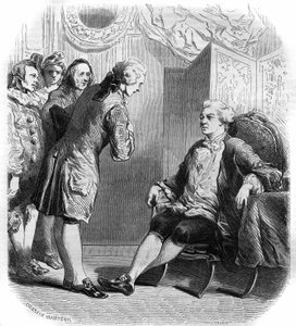 Il Marchese de Puysieulx riceve Philippe Néricault Destouches (1680-1754) e la sua troupe di comici itineranti. Incisione del 1858-1859.