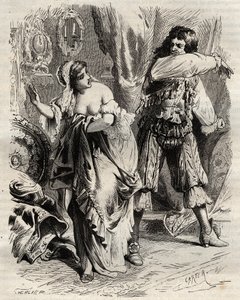 Il Marchese di Montespan, Louis Henri de Pardaillan de Gondrin (1640-1691), schiaffeggia sua moglie, la Marchesa di Montespan (Francoise Athenais) per avergli rifiutato un ordine del Re. Incisione del 1871 in "Histoire Des Cocuses Celebres" di Henry de Koc