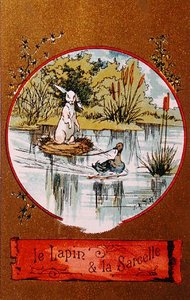 Il Coniglio e il Germano Reale, carta illustrata raffigurante la favola di Jean de la Fontaine (1621-95) c.1880 da French School