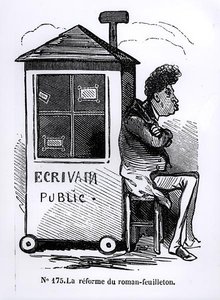 La Riforma del romanzo a puntate, Dumas (1802-70) da una cabina di scrittore pubblico, caricatura da 