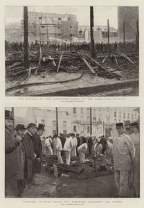 Il recupero dei corpi ritrovati per i carri ambulanze, soldati al lavoro tra i rottami alla ricerca di corpi (incisione) da French School