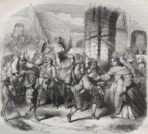 Il ritorno di Gonesse, episodio della Fronda: la “Signora di Parigi” accoglie la “Signora di Aubervilliers” e il “Nouricier Gonesse” venuti a rifornirla. Incisione frondeuse 1649 - incisione in “Parigi attraverso i secoli” di H. Gourdon de Genouillac