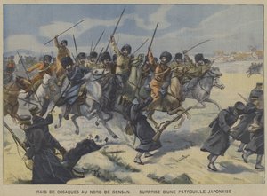 Guerra russo-giapponese: i cosacchi sorprendono una pattuglia giapponese in un raid a nord di Gensan, Corea da French School