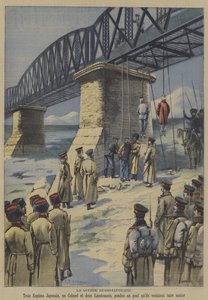 La guerra russo-giapponese: truppe russe impiccano tre sabotatori giapponesi dal ponte che stavano pianificando di far saltare da French School